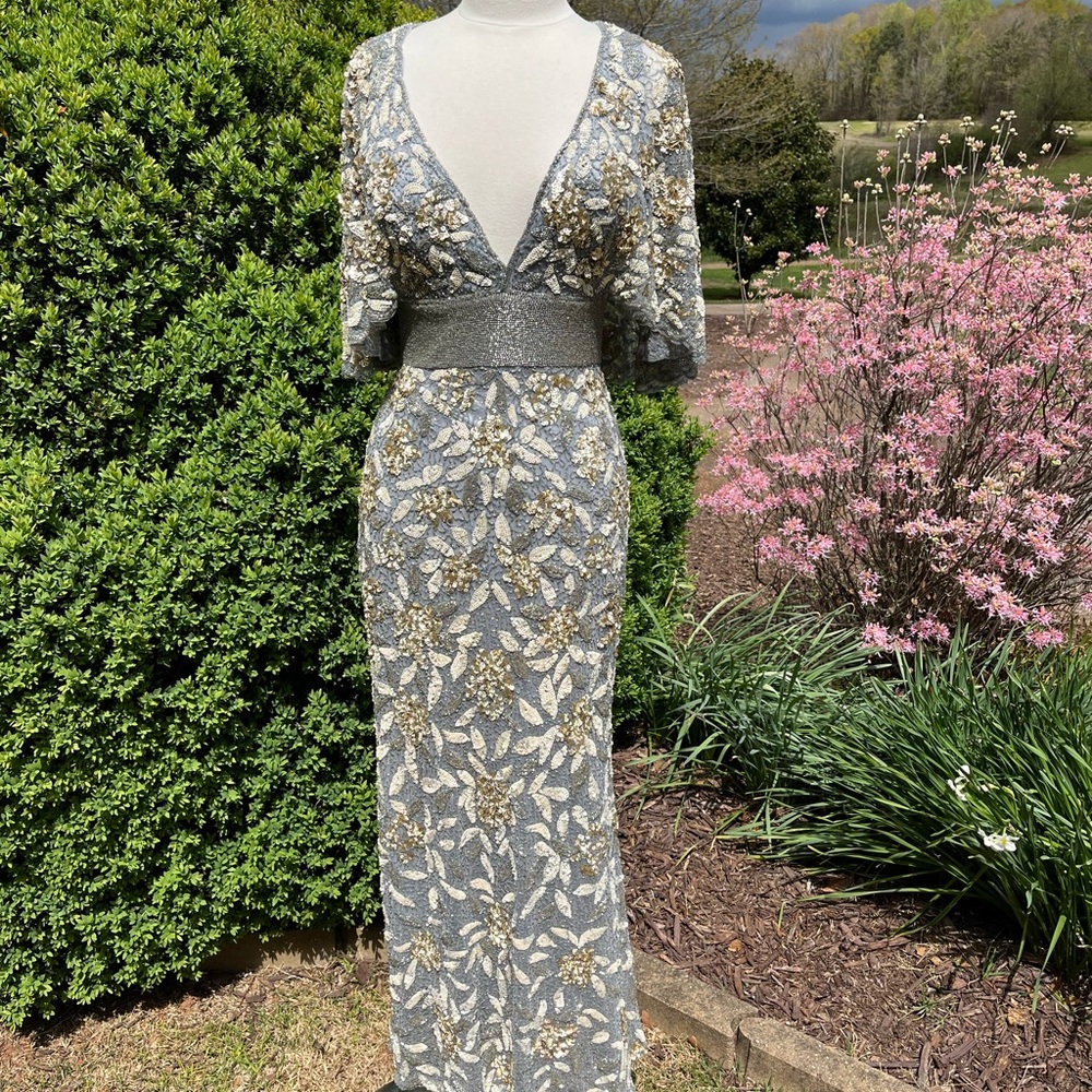 Mac Duggal Sequin gown with cream and gold floral sequin embellishment. Stunning